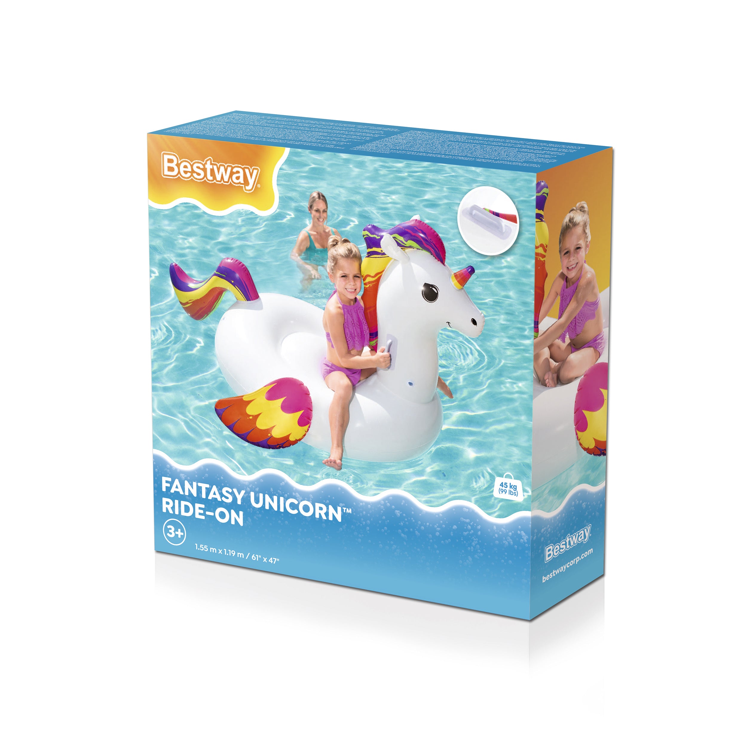 BESTWAY - Unicorno gonfiabile Fantasy Cavalcabile per bambini 163x110x95,5 cm